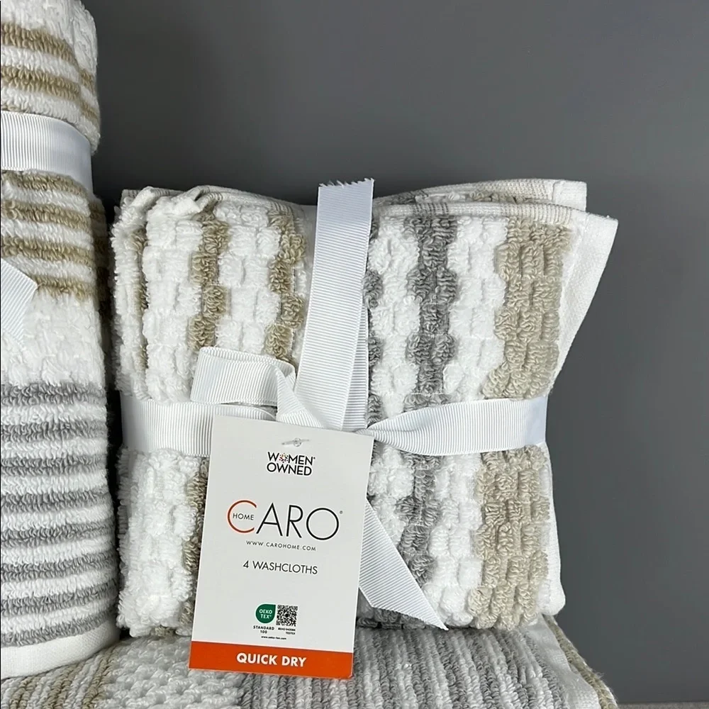 Caro Home Bath Towel Set White Gray Tan Stripe Plush Bath Hand Wash 8 Pc NEW